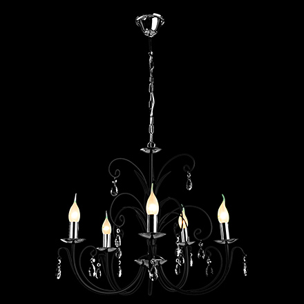 Черная подвесная люстра со свечами и хрусталем на рожках